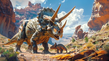 male Triceratops protecting its young in a rocky canyon with other dinosaurs nearby