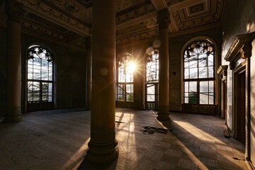 Fototapeta premium Large hall with columns in old abandoned sanatorium