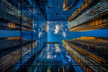 Fototapeta premium Looking up between skyscrapers with reflective glass and blue sky.