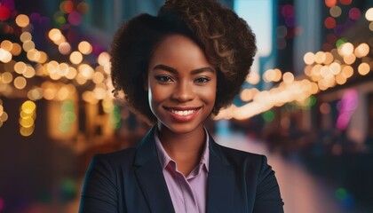 Portrait of African-American woman in business suit; city background; executive, lawyer, CEO, founder, manager, director, analyst, president, chairperson, administrator