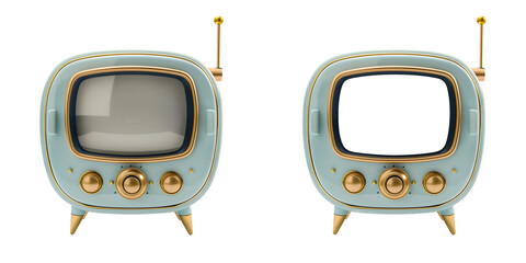 Retro futuristic blue television with golden knob on transparent background