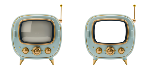 Retro futuristic blue television with golden knob on transparent background