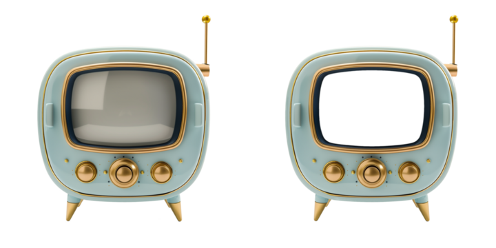 Retro futuristic blue television with golden knob on transparent background