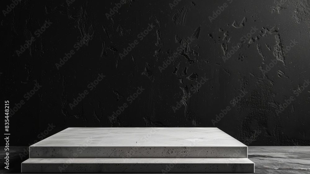 Poster a sleek marble pedestal with clean lines sits in front of a textured black wall, illuminated by soft