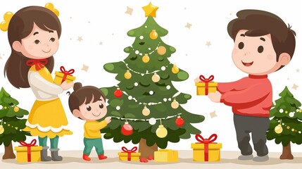 Fototapeta premium Festive Christmas celebration with decorated tree and gifts. An illustration of family enjoying holiday festivities around a beautifully decorated Christmas tree with colorful ornaments and gifts
