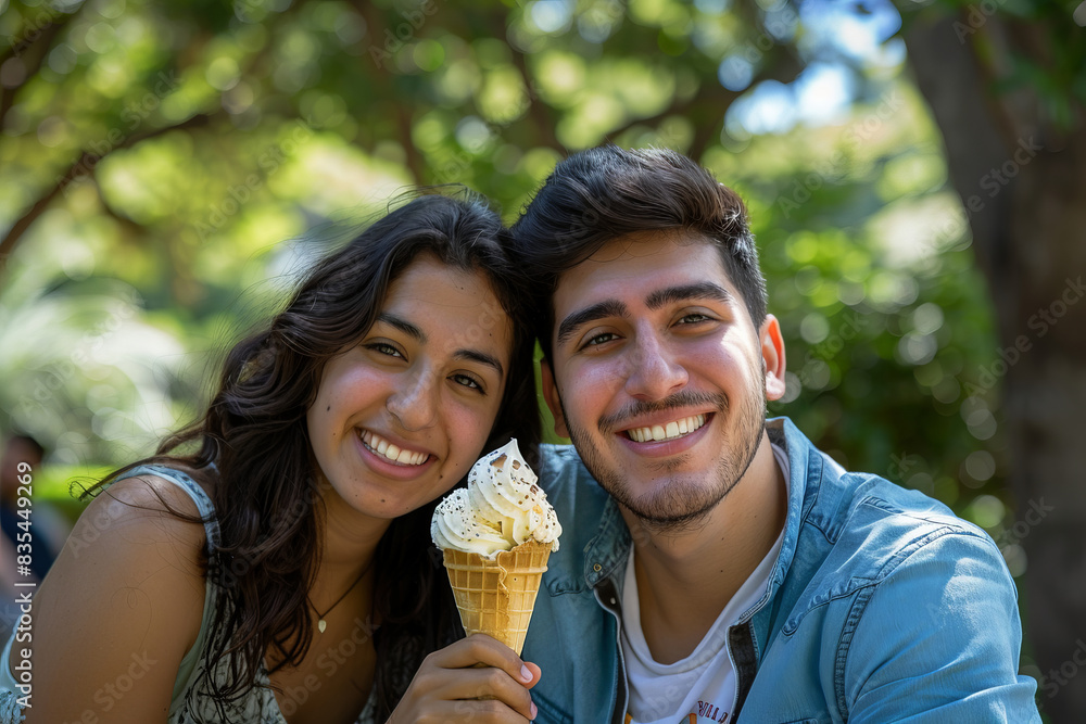 Canvas Prints Man and woman enjoy ice cream cones on bright background of festival day