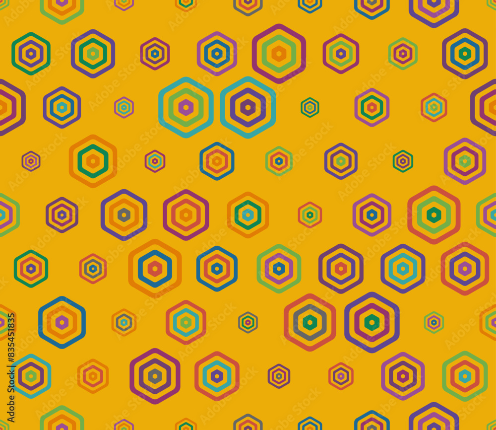 Poster vector seamless pattern. multicolored geometric elements of varied size. bold rounded stacked hexago