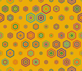 Vector seamless pattern. Multicolored geometric elements of varied size. Bold rounded stacked hexagon cells. Honeycomb cells. Tileable pattern. Seamless vector illustration.