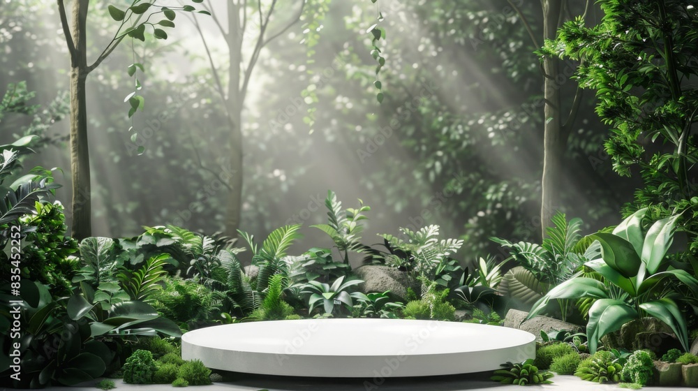 Aufkleber A circular platform is bathed in sunlight, surrounded by dense forest foliage and lush greenery, creating a serene and tranquil environment.