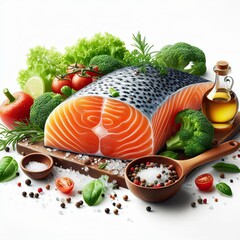 vegetables and salmon on white background