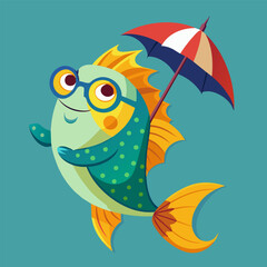 Fun fish with glasses and an umbrella: a unique vector illustration that embodies humor and creativity.
