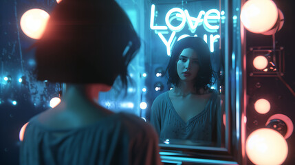 woman standing in front of a mirror. In the background, a neon sign partially reads "Love Your," with the last word hidden from view