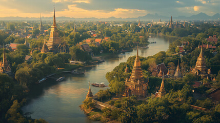 Rich in detail and vibrant colors, this artwork beautifully captures the architectural splendor and cultural heritage of Ayutthaya, perfect for history enthusiasts and art lovers alike.