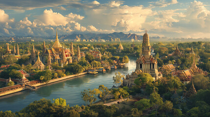 Obraz premium Step back in time with this captivating bird's eye view of Ayutthaya during its historical peak, illustrated in a nostalgic 90's comic book style that exudes warmth and coziness.