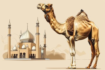 A radiant Eid al-Adha Mubarak vector illustration showcasing a regal camel and a splendid mosque,...