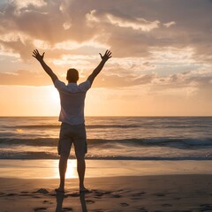 Fototapeta premium Happy man raising arms up enjoying sunset on the beach - Delightful traveler standing with hands up looking morning sunrise - Self care, traveling, wellness and healthy life style concept