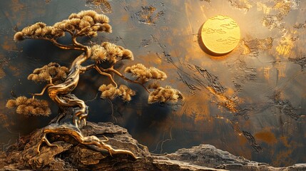 Volumetric stucco molding on a concrete wall with golden elements, Japanese landscape, waterfall, mountains, sakura.