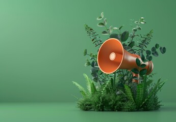 A 3D-rendered megaphone enveloped in plants set against a green backdrop.