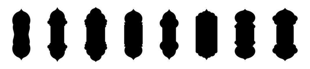 Islamic arch shape with intricate Ramadan pattern. Arab inspired frame design for mosque doors and windows. Flat vector illustration isolated on white background.