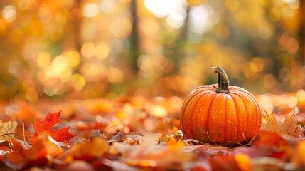 Single Pumpkin Resting in Autumn Leaves on a Sunny Day