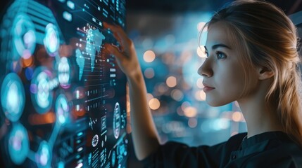 Young woman interacts with futuristic digital interface, showing focus and professionalism in a tech-driven environment.