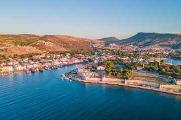Foca resort town in Turkey on Aegean sea coast. Aerial view