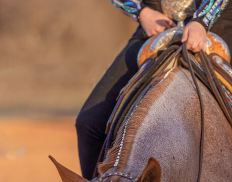 Closeup riders hands on reins riding roan quarter horse in a western show saddle