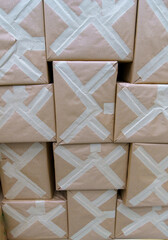 Paper parcels boxes with shipping goods in warehouse