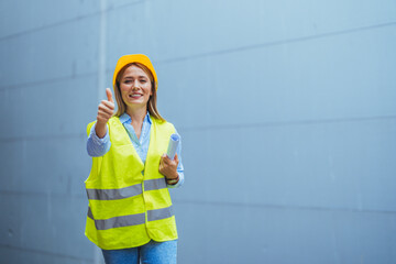 A smiling woman in a bright yellow safety helmet and high-visibility vest gestures approval at a work site while holding blueprints.