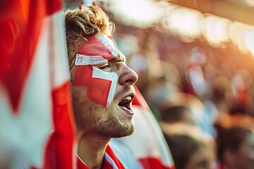 An enthusiastic sports fan at a stadium holding a national flag, representing support for a team