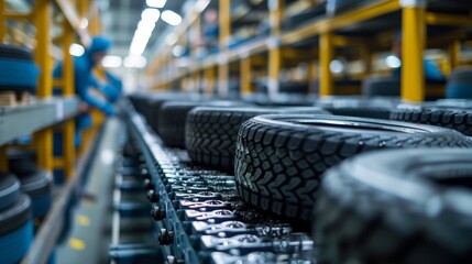 Tire recycling plant conveyor belt. A close-up view of tires on a conveyor belt at a tire recycling plant.
