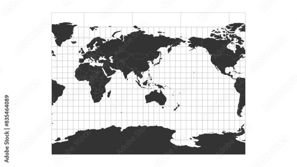 Poster animated world map using miller cylindrical projection. loopable video of earth's continents and ter