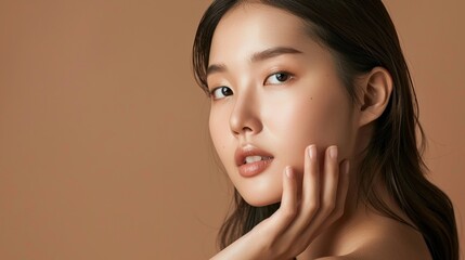 Naklejka premium A young Korean woman with flawless skin and straight brown hair lightly touched her cheek with a calm expression.