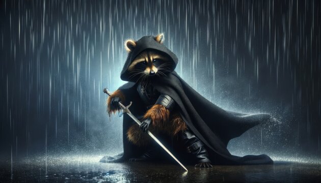 Raccoon in a black cloak wielding a sword in the rain. Fantasy character, medieval warrior, animal knight concept