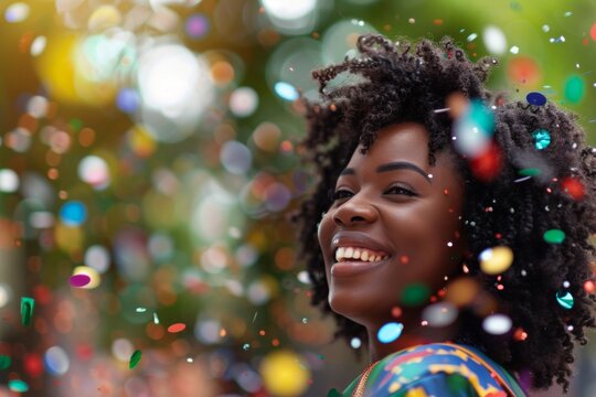 A joyful celebration scene with colorful confetti surrounding a child with curly hair, conveying happiness and festivity