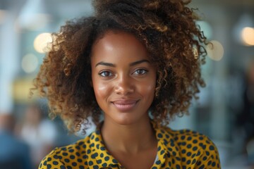 A stylish woman in a trendy leopard print top represents youthful energy and contemporary casual fashion in an office setting