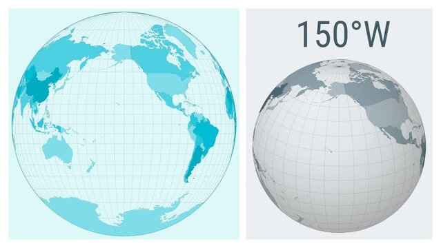 World Map Animation. Gilbert two-world perspective projection. Colored countries style. Animated world map in Gilbert projection. Loopable animation showing longitude shift and matching globe.