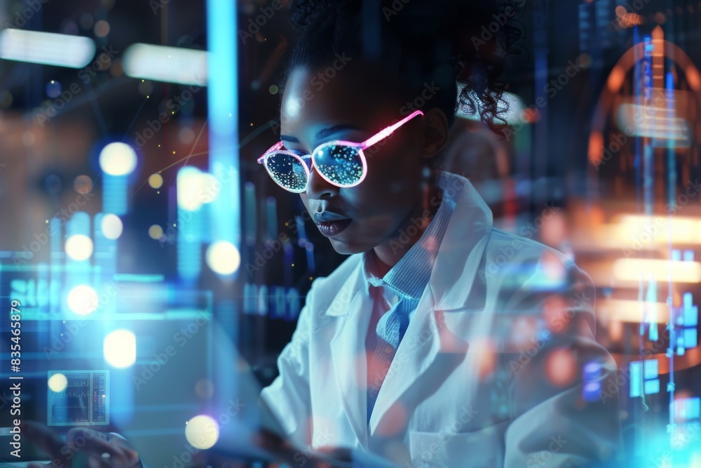 Poster a person interacts with a hi-tech digital interface, surrounded by glowing data and futuristic holog