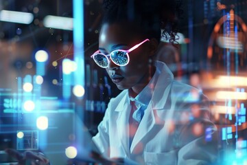 A person interacts with a hi-tech digital interface, surrounded by glowing data and futuristic holographic projections
