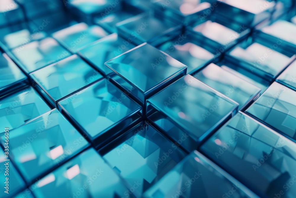 Poster an array of 3d blue cubes with selective focus, reflecting light and giving a sense of structure and