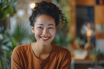 Fototapeta premium Portrait of a woman with a warm smile, indoors with a casual, relaxed appearance and natural lighting