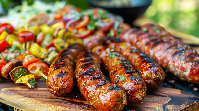 Summer barbecue, with ready-made hot spicy merguez sausages lying on a wooden board against the backdrop of a lot of fried vegetables in nature. Close-up