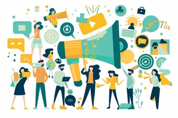 Fototapeta premium Dynamic and vibrant illustration featuring people interacting with various forms of communication and marketing