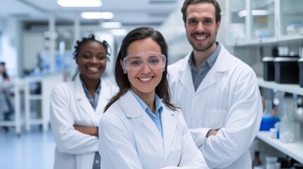 Portrait of a group team of research scientists in a biochemistry lab