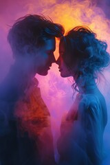 A surreal image of a couple in intimate embrace surrounded by dreamy purple smoke