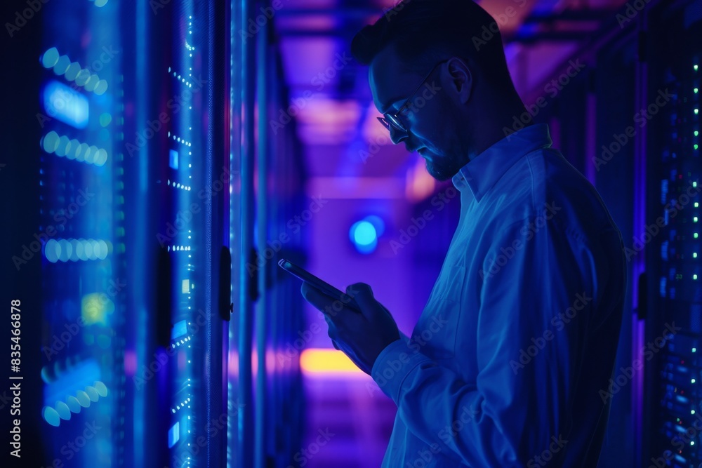 Poster a network engineer or it technician uses a smartphone in a data center with illuminated server racks