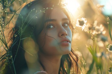 Mystery filled portrait of a female during golden hour with her face hidden by a square