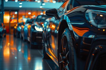 The image showcases a row of high-end sport cars with a shallow depth of field in a vibrant dealership