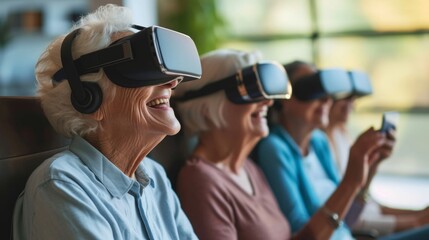 Senior people enjoy virtual world with VR headset on.
