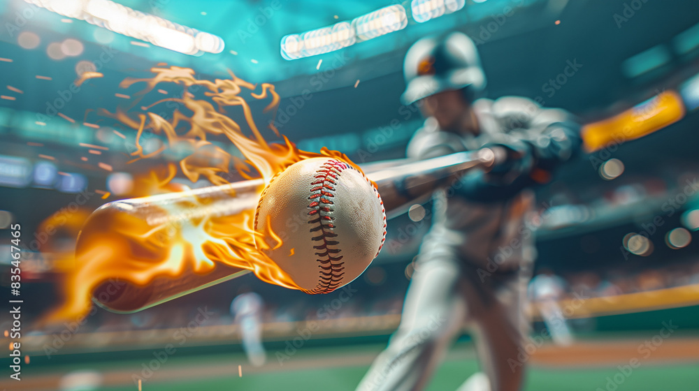 Wall mural close-up photo of a baseball player hiting a ball with a baseball bat